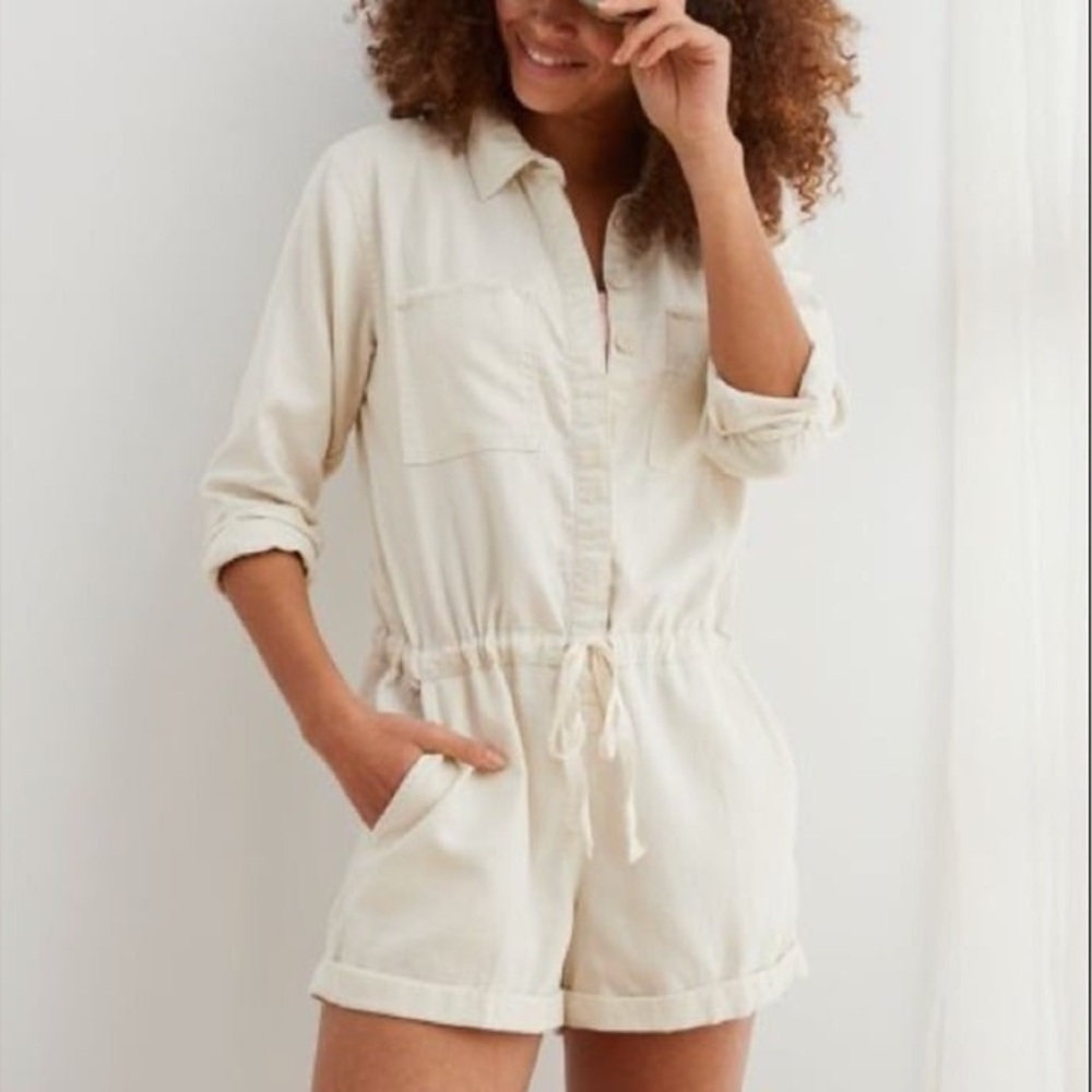 Aerie Utility Twill Long-sleeve Romper Medium EUC